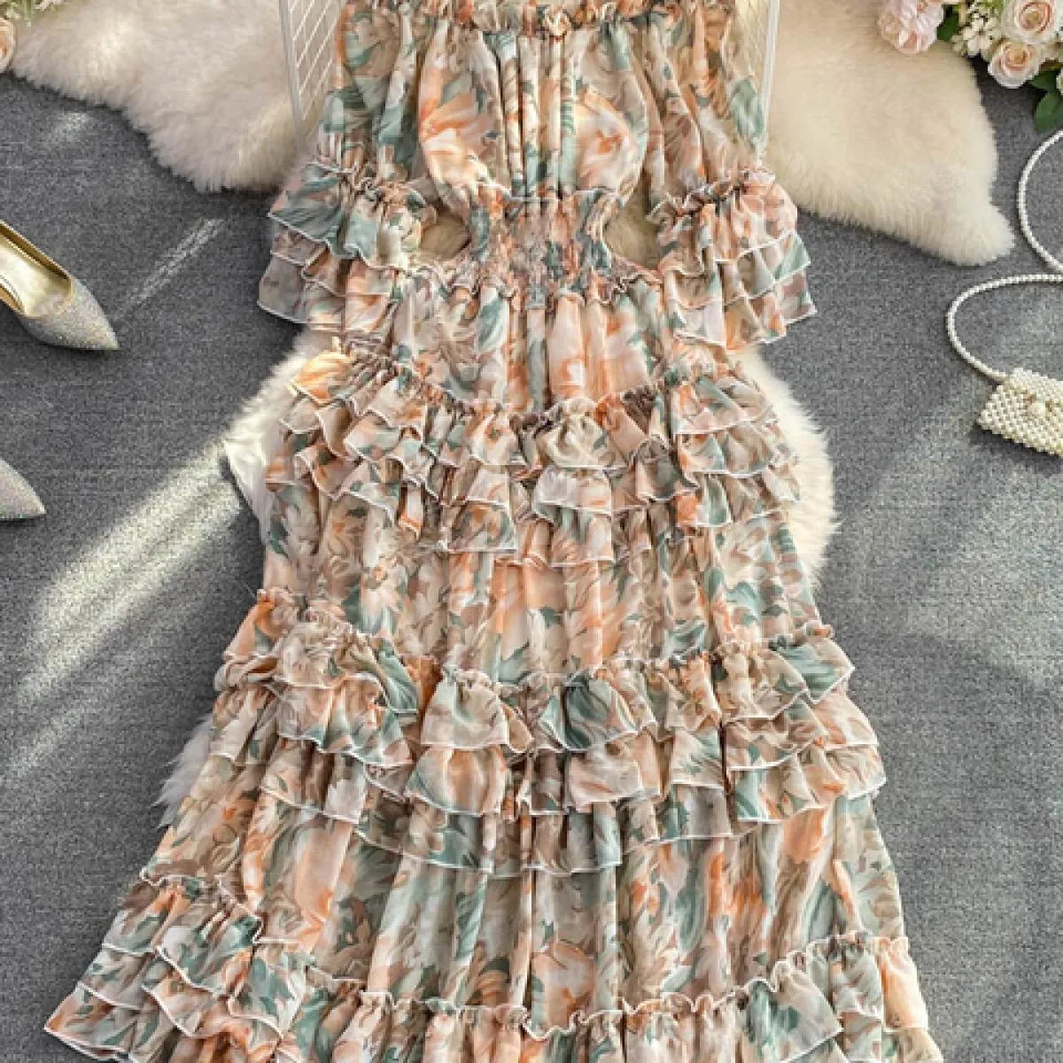 Abiti in chiffon floreale Abiti a spalla in chiffon con maniche Abiti floreali