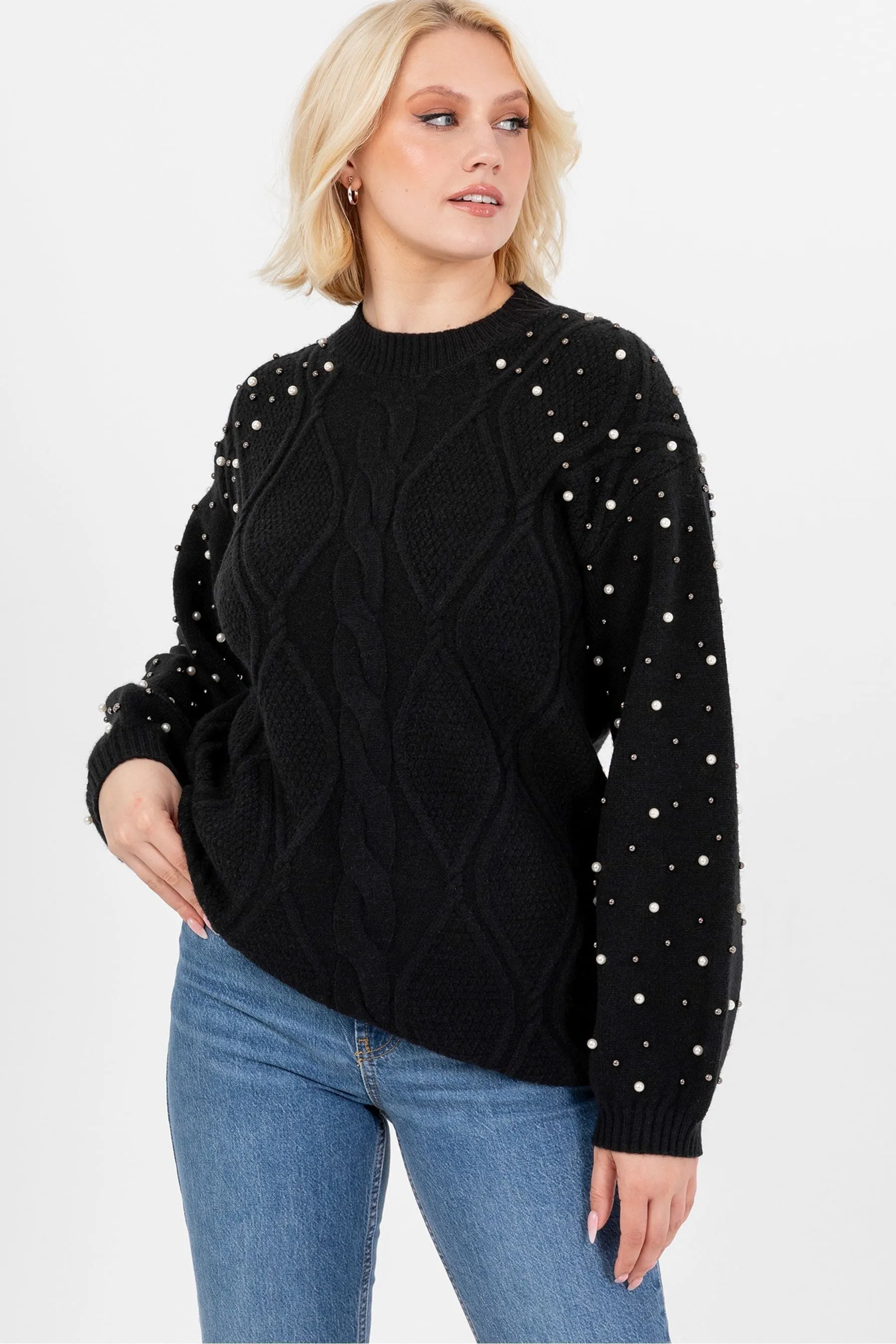 Lovedrobe Pearl Embellished Long Length Cable Knit Jumper    