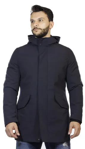 Manuel Ritz  Giaccone lungo uomo con cappuccio in tessuto tecnico stretch blu